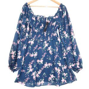 Lulus Floral Navy Blue Off-The-Shoulder Smocked Mini Dress Long Sleeves Womens S